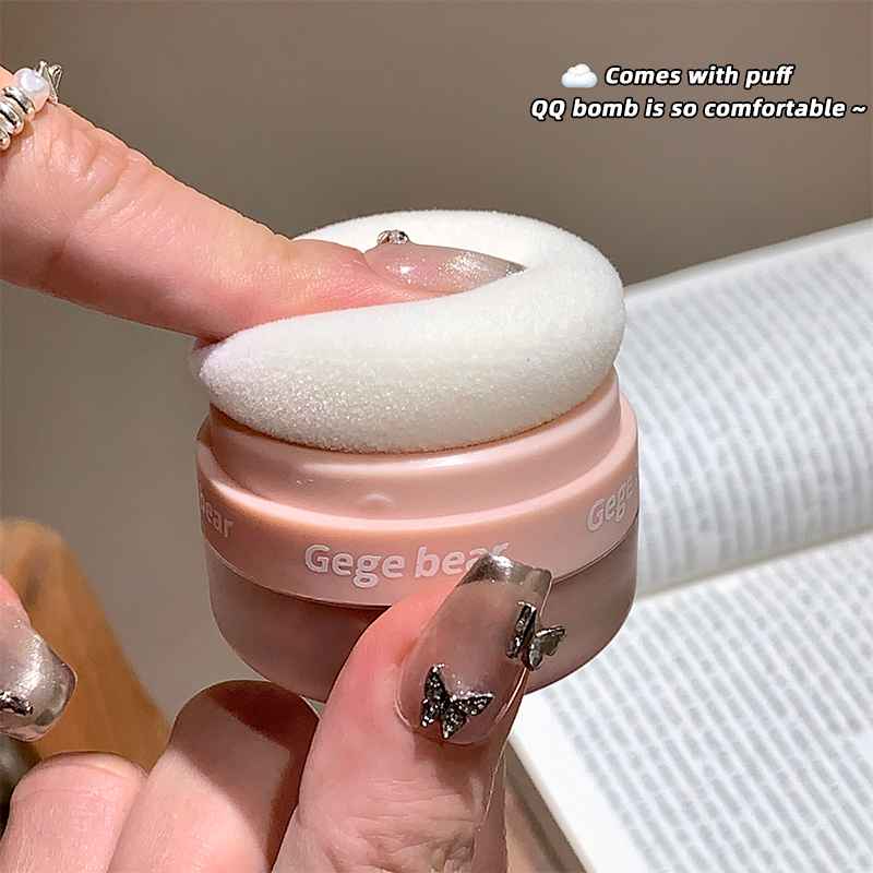 Gege Bear Blush Powder with Mirror and Puff - Waterproof, Full Coverage, Natural Finish, Color Correction for All Skin Tones, Orange/Pink/Red Shade, High Gloss Contouring Lazy Air Cushion Loose Powder