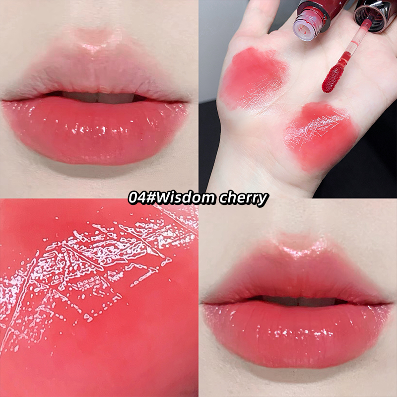 Collage of a pink lip color swatch, application on lips, and close-up of the color.