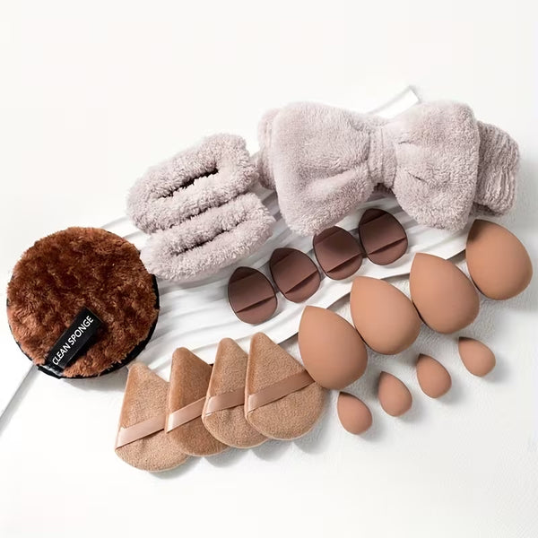 Gege Bear 20-Piece Puff Set | Makeup Sponges, Headband & Cleaning Pad
