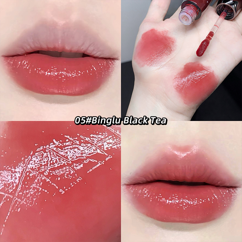 Lipstick swatch on lips, application on skin, and close-up of lipstick texture.