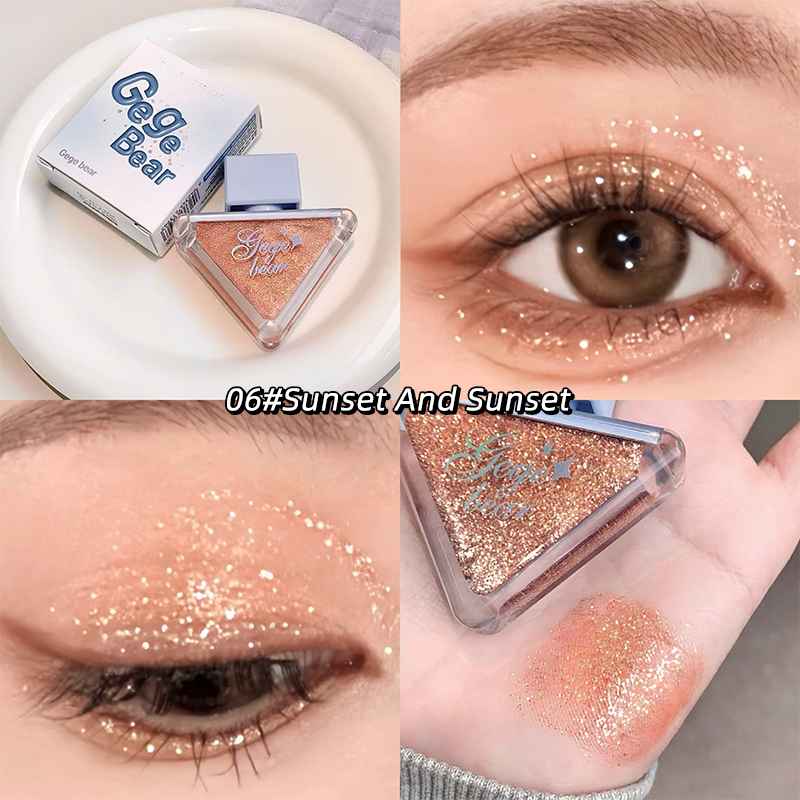 Eyeshadow palette with 'GeGe Bear' branding, applied to eyes and hand.