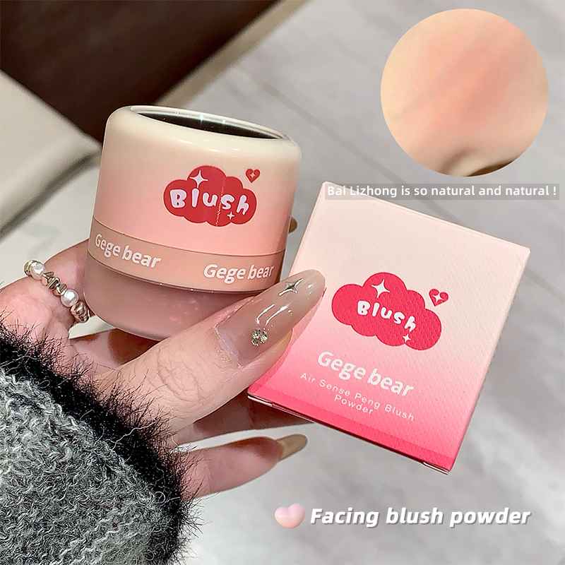 Gege Bear Blush Powder with Mirror and Puff - Waterproof, Full Coverage, Natural Finish, Color Correction for All Skin Tones, Orange/Pink/Red Shade, High Gloss Contouring Lazy Air Cushion Loose Powder