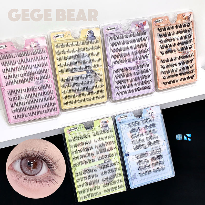 Various false eyelash packages with a close-up of an eye wearing lashes, branded 'GEGE BEAR'.