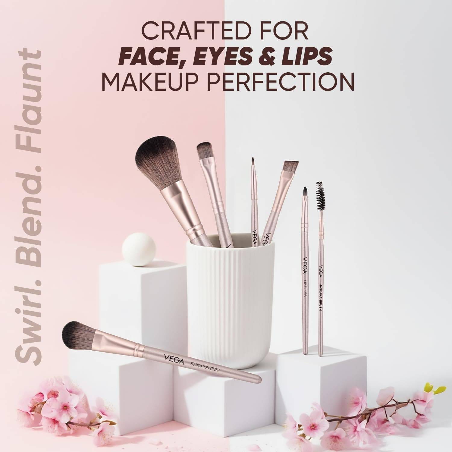 Makeup brushes in a white container with pink flowers on a light background, featuring text about makeup perfection.