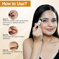 Woman using a growth serum with step-by-step instructions on how to use it.