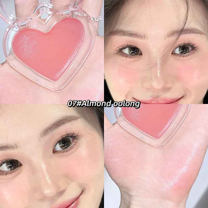 Heart-shaped blush with a close-up of a person wearing it on their cheek.