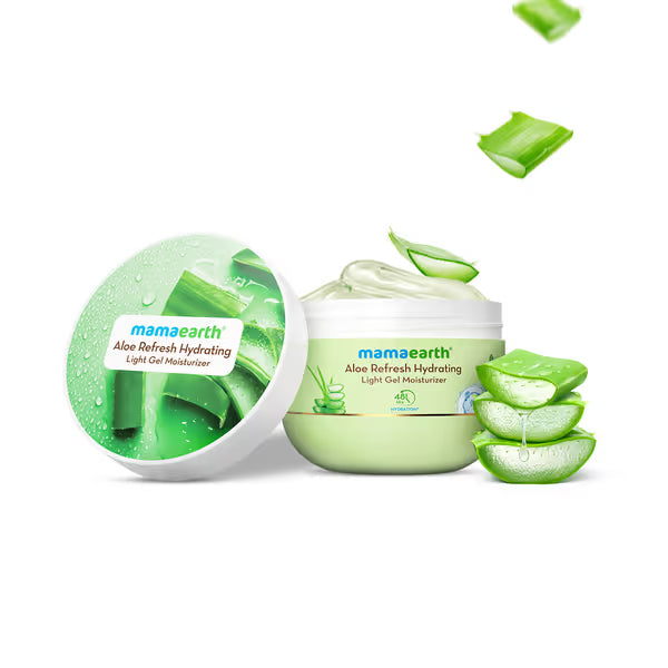 Mamaearth Aloe Refresh Hydrating Light Gel Moisturizer with aloe vera slices on a white background