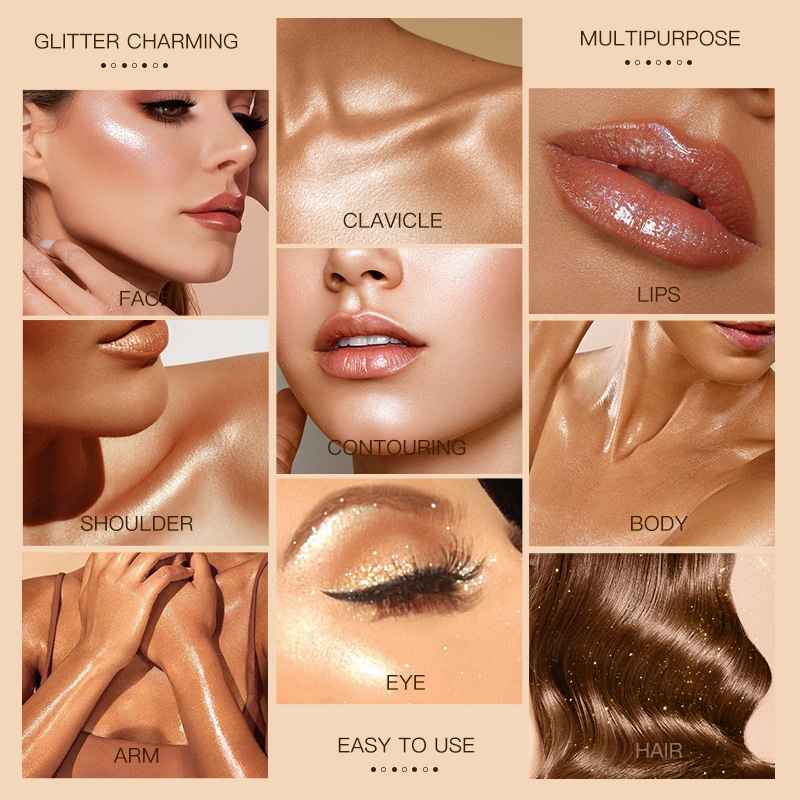 Collage of a glittery cosmetic product application on various parts of the body.