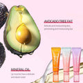 Avocado and lip gloss products with text about avocado tree fat and mineral oil on a pink background