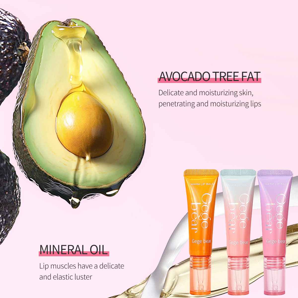 Avocado and lip gloss products with text about avocado tree fat and mineral oil on a pink background