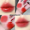 Collage of a red lip gloss being applied to lips and swatched on skin.