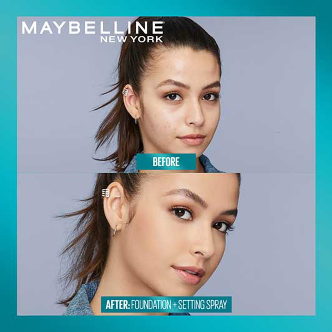 Picture of girl showing before and after application of MAYBELLINE New York setting spray on gray background.