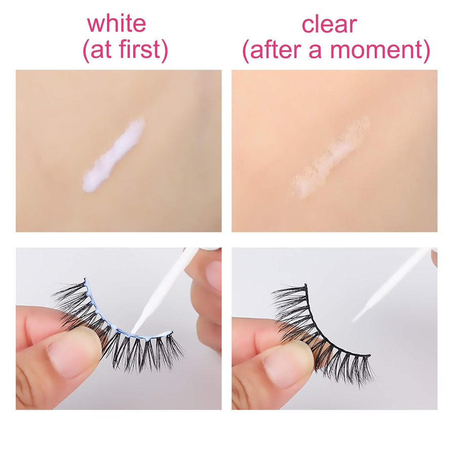 Before and after application of false eyelashes with a white gel-like substance.