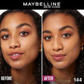 Before and after comparison of a woman's face with Maybelline New York makeup.