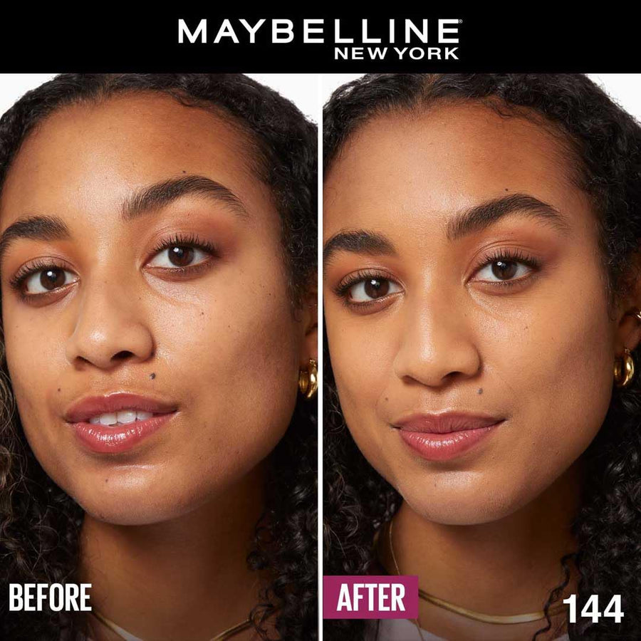 Before and after comparison of a woman's face with Maybelline New York makeup.