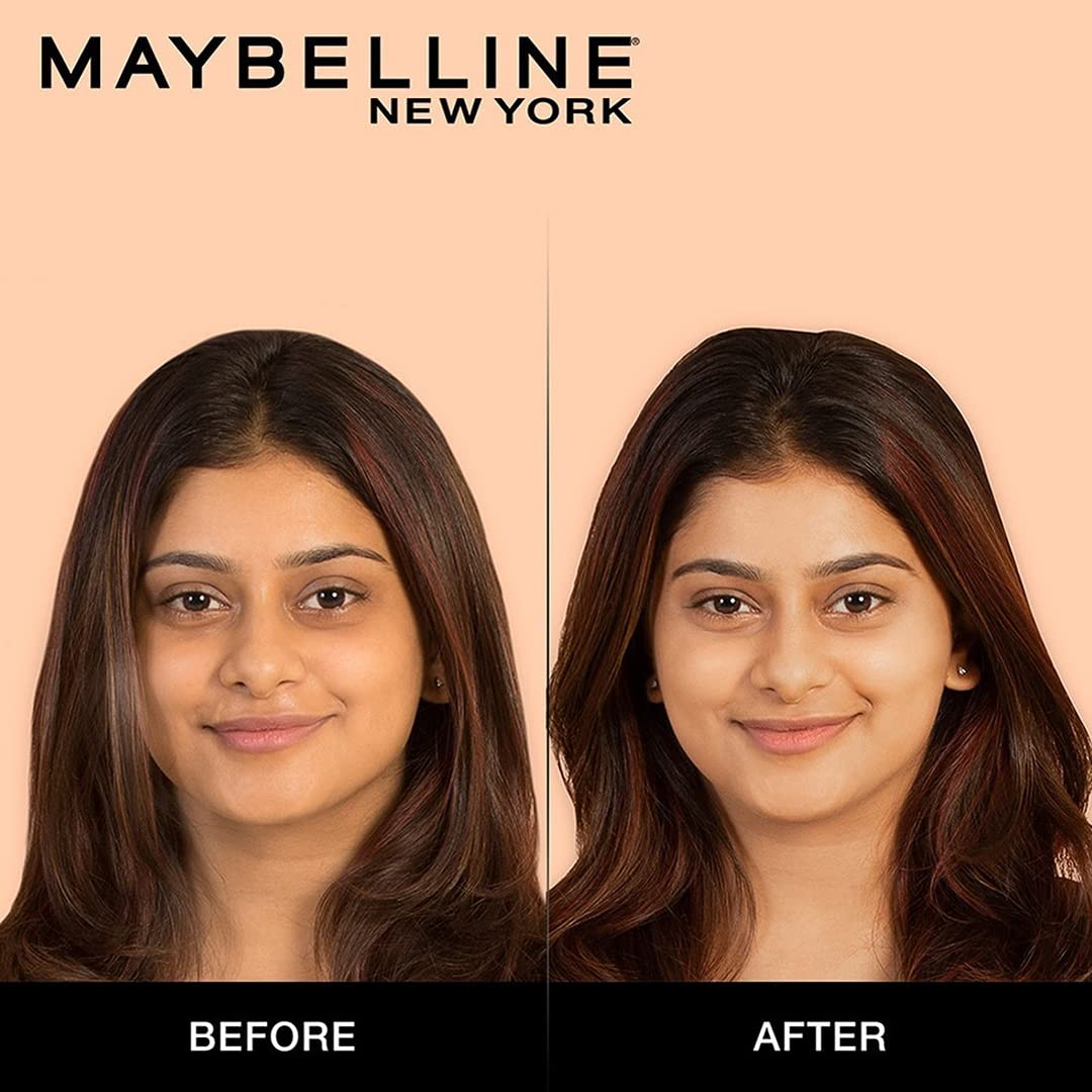 Before and after comparison of a woman's face with Maybelline New York branding.
