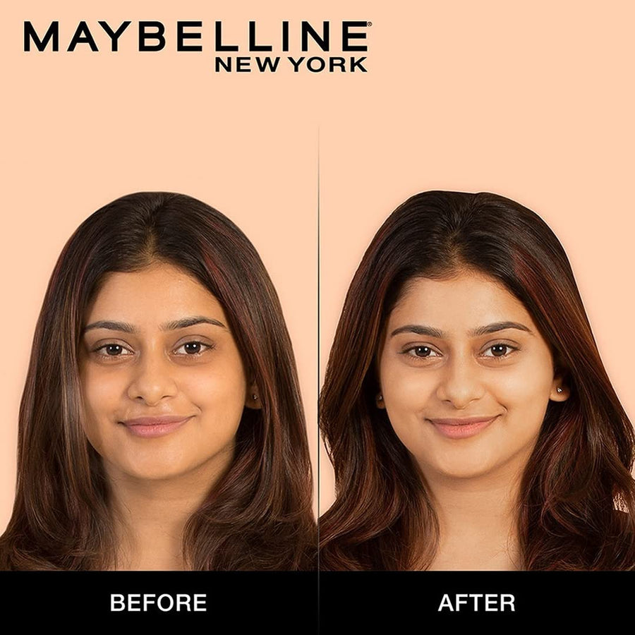 Before and after comparison of a woman's face with Maybelline New York branding.