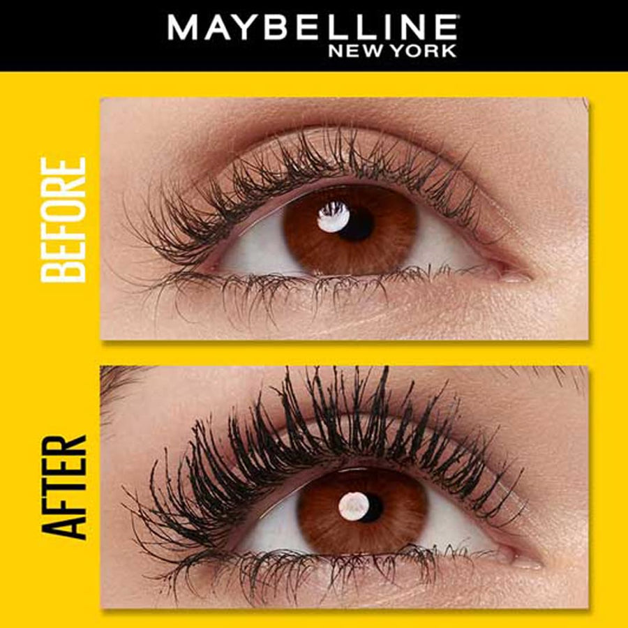 Before and after comparison of an eye with Maybelline New York mascara on a yellow background.