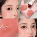 Collage of a woman's face with close-ups of skin texture and blush.