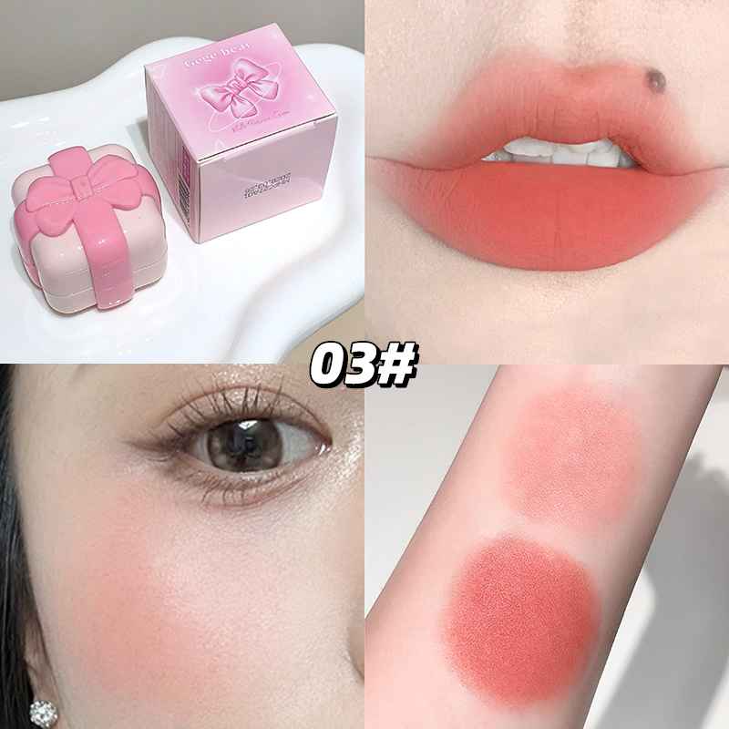 Lipstick with packaging, close-up of lips, eye, and arm swatch.