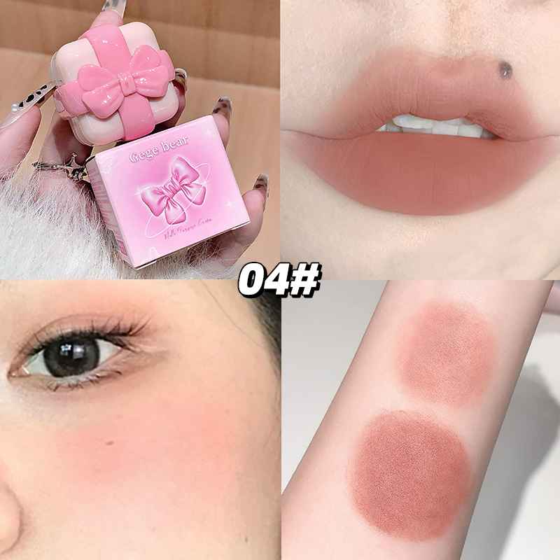 Collage of a pink soap bar with a bow, close-up of lips, eye, and arm with blush swatch.