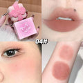 Collage of a pink soap bar with a bow, close-up of lips, eye, and arm with blush swatch.