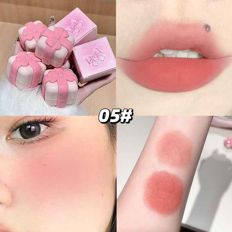 Collage of a pink makeup product with close-ups on lips, face, and arm.