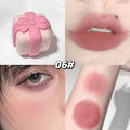 Collage of a pink makeup product, applied on lips and face, with close-up of eye and arm.