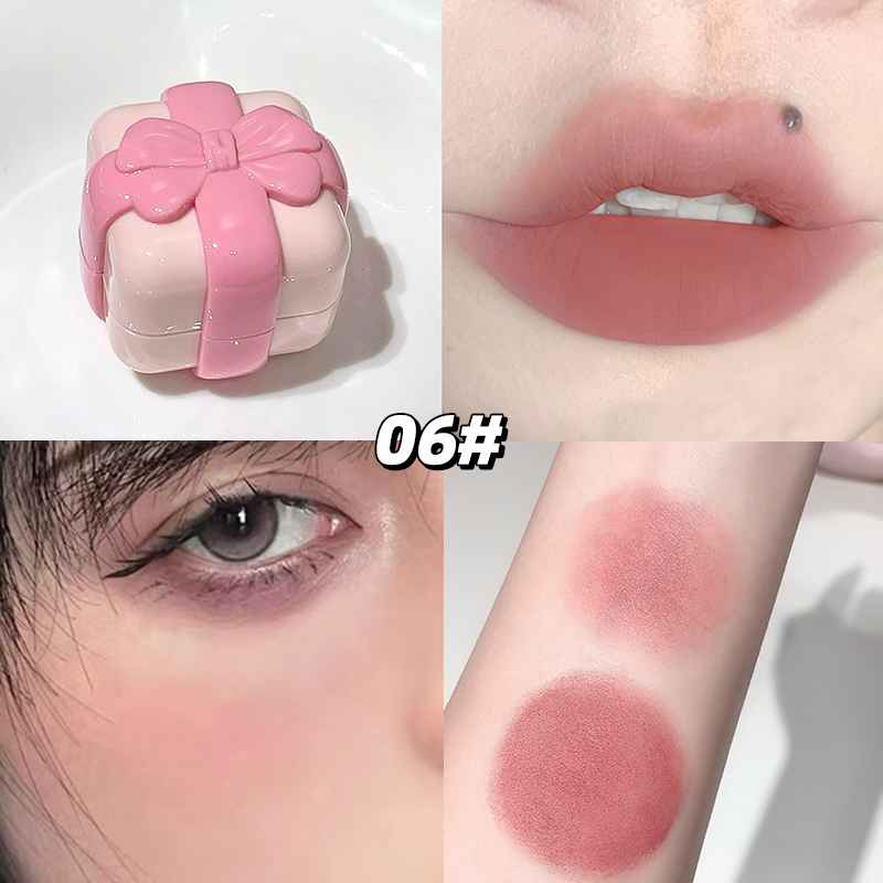 Collage of a pink makeup product, applied on lips and face, with close-up of eye and arm.