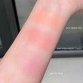 Color swatches on a person's arm labeled 'Peach Tea', 'Strawberry Candy', and 'Poi Milk'.