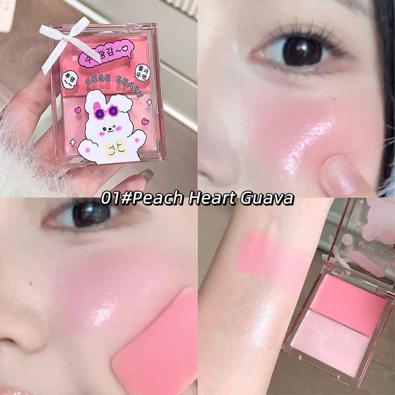 Collage of a pink blush product with packaging, applied on cheeks and close-up of application.