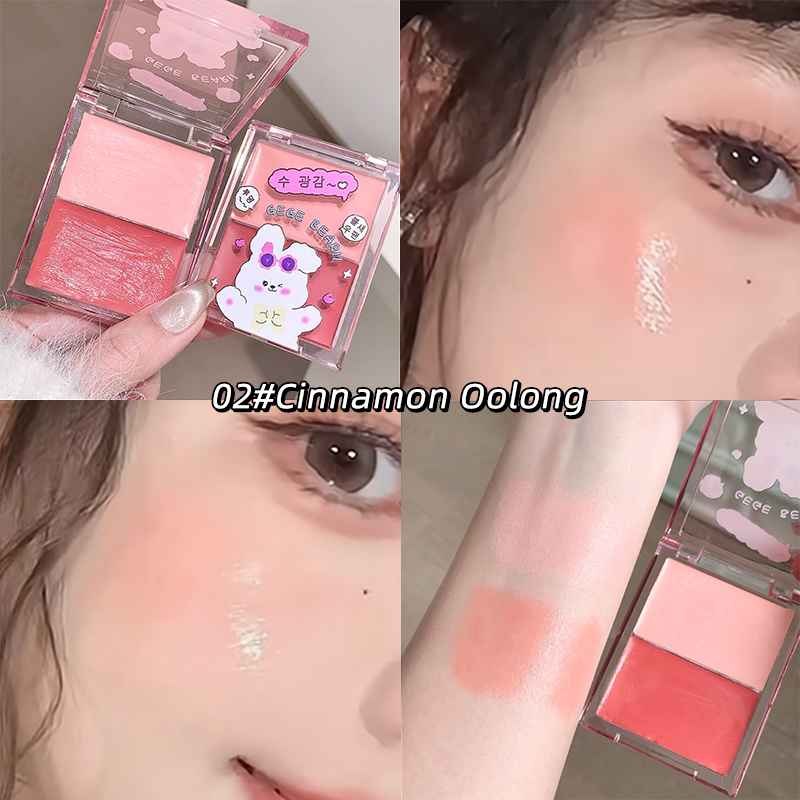 Makeup product with pink blush and pink packaging, applied on skin.
