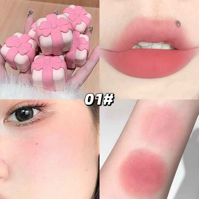 Collage of pink makeup products including lipsticks and blush on a neutral background.