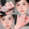 Collage of a Blush with close-ups of a hand holding it and a person applying it.
