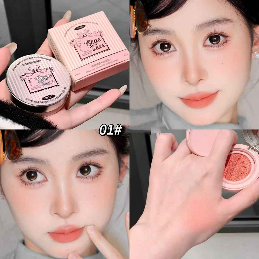 Collage of a Blush with close-ups of a hand holding it and a person applying it.