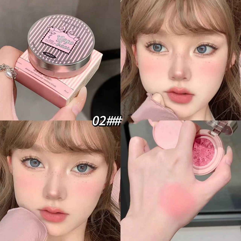 Makeup compact with pink blush, close-up of blush application on face, and a person wearing the blush.