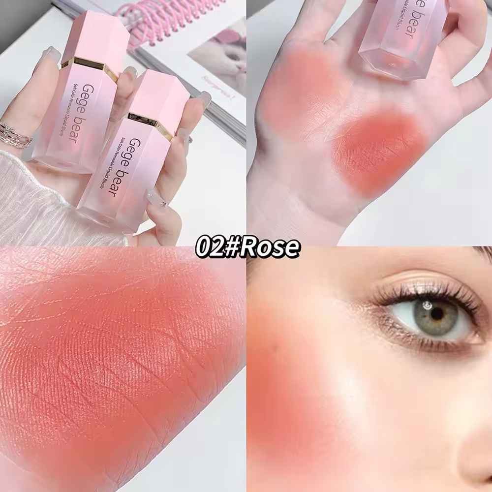 Collage of blush cosmetic product with swatches on skin and close-up of eye.