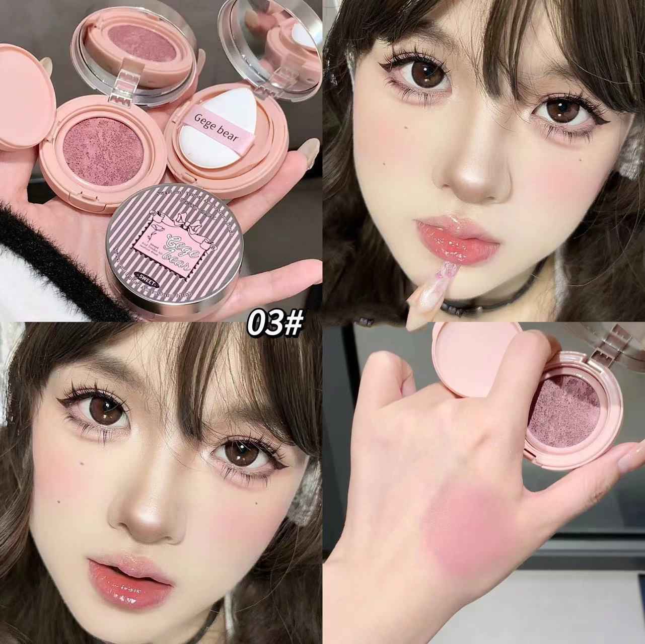 Collage of a Blush, close-up of a person wearing it, and a hand holding the blush.