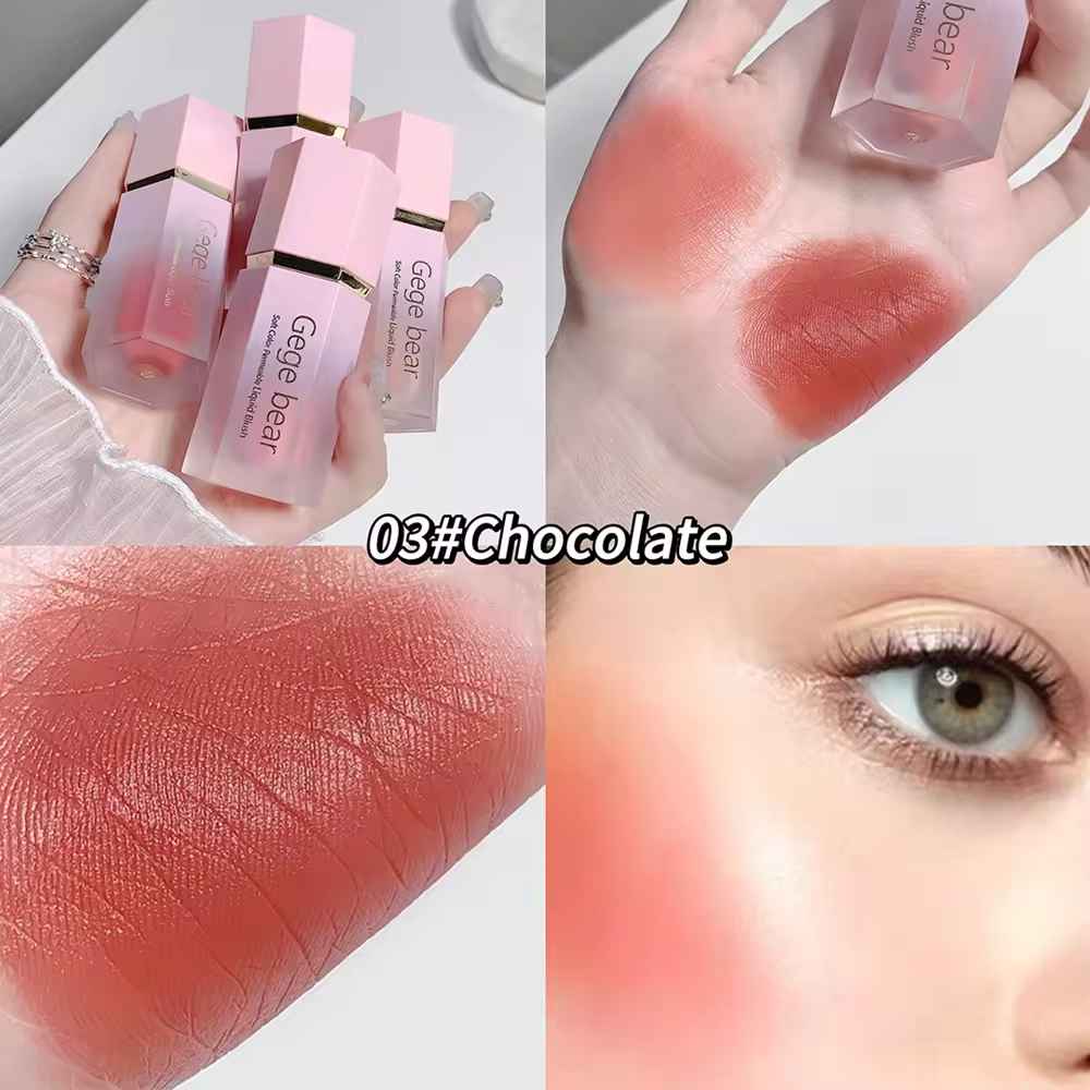 Collage of blush packaging, swatches on skin, and close-up of a woman's eye with the color 'Chocolate'.