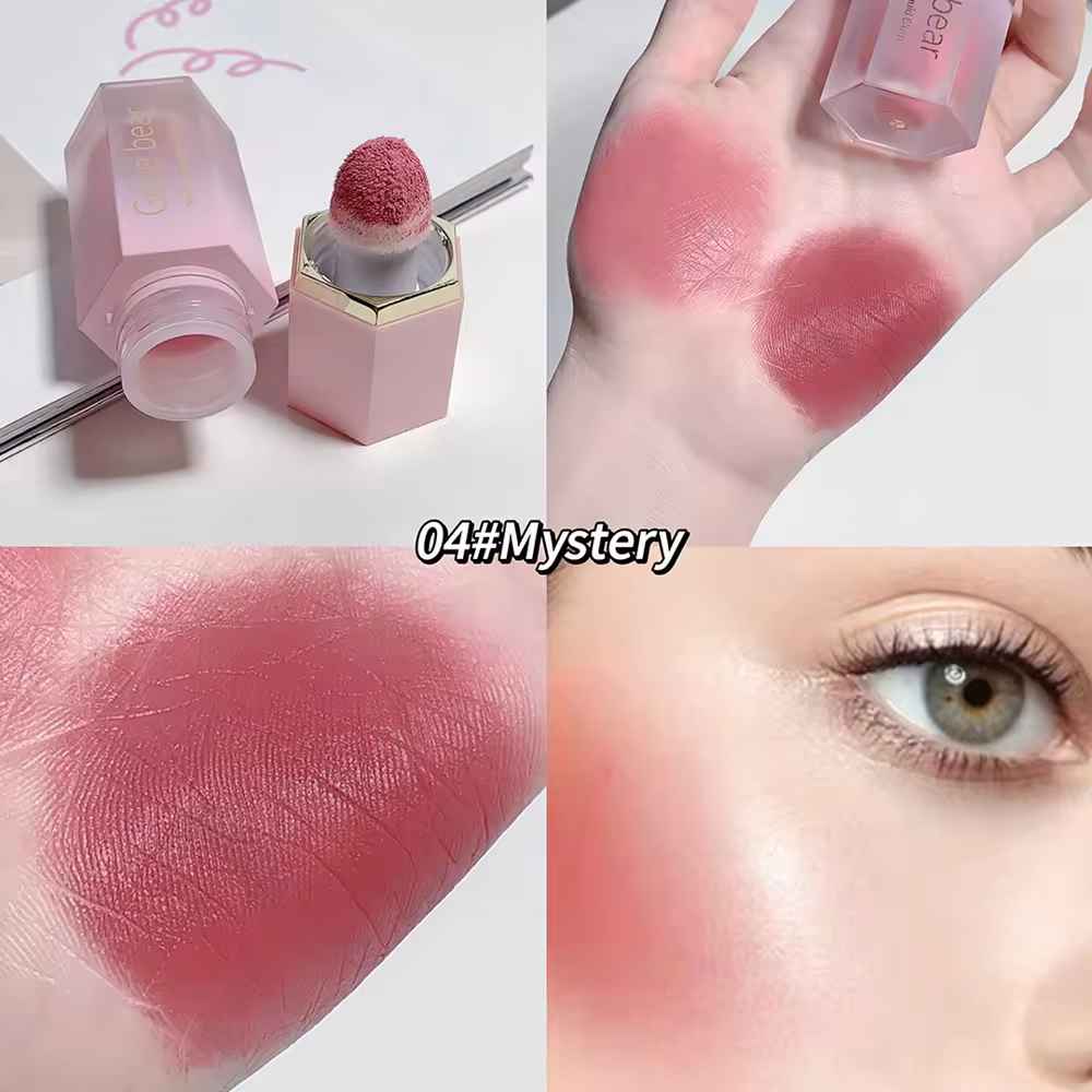 Collage of a blush with close-ups on skin and an eye.