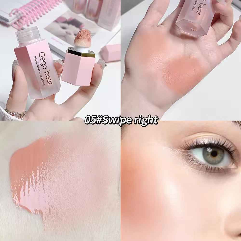 Collage of a blush with swatches on skin and close-up of eye.