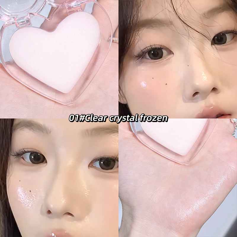 Collage of a heart-shaped blush  with close-ups of a person wearing it, labeled '01# Clear crystal frozen'.