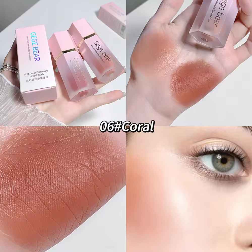 Blush with packaging, swatch on skin, and close-up of color on skin.