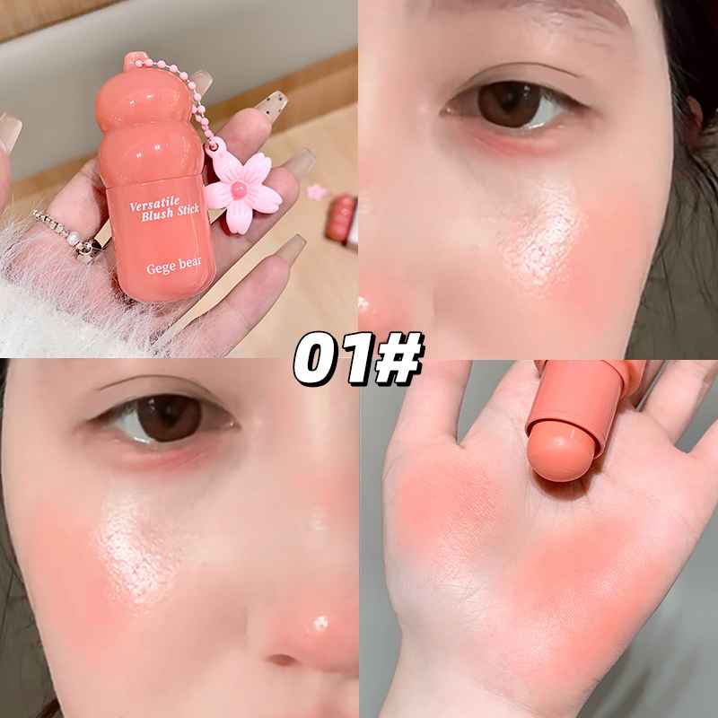 Collage of a pink blush stick with close-ups on skin and packaging.