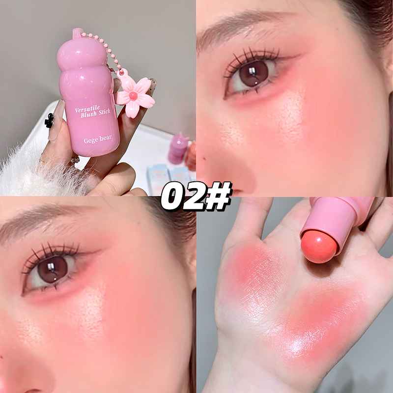 Pink blush stick with close-up of application on face