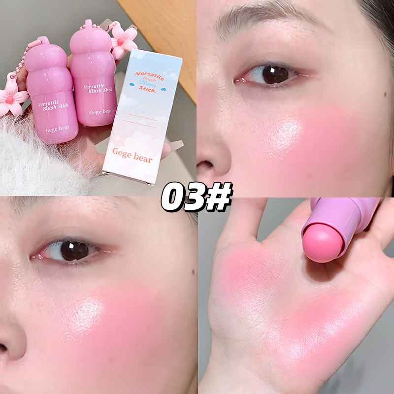 Collage of pink lip blush with packaging and application on a person's lips.
