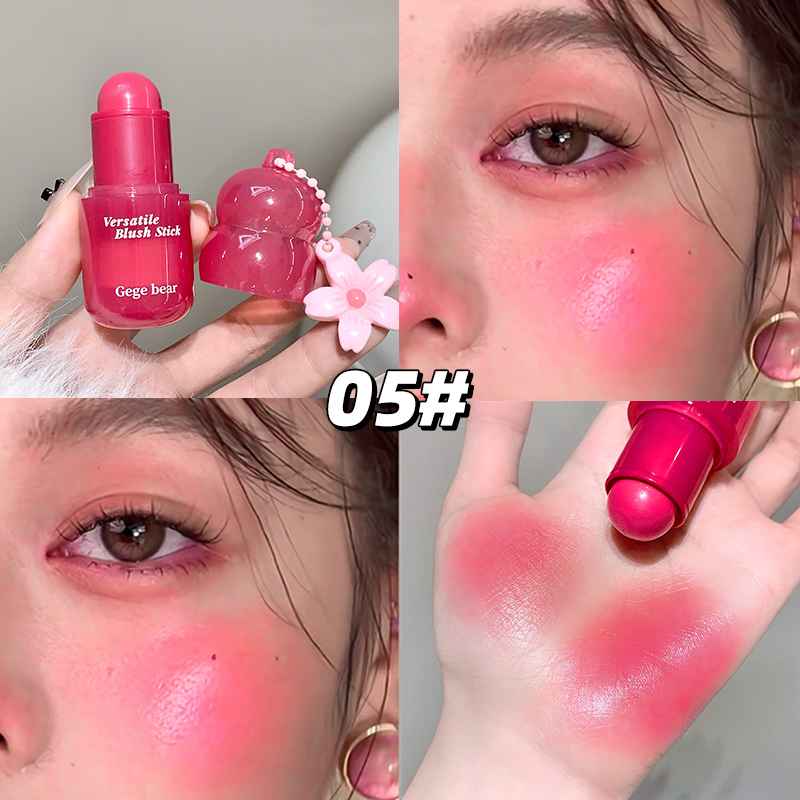 Pink blush stick with packaging, applied to face and eyes, showing color swatch.