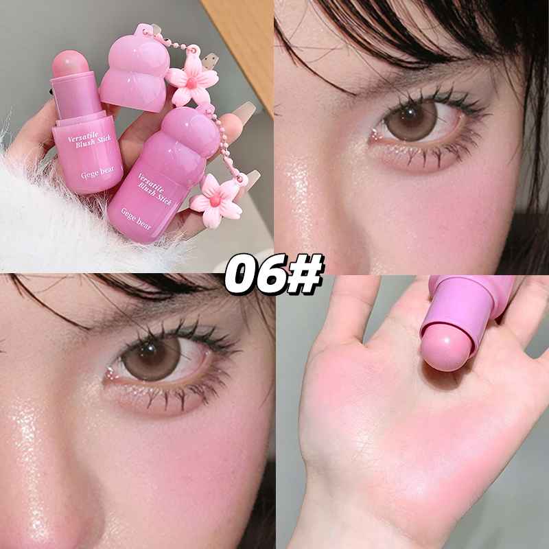 Collage of pink lip blush with decorative elements, close-up of eyes, and a hand holding the lip blush.