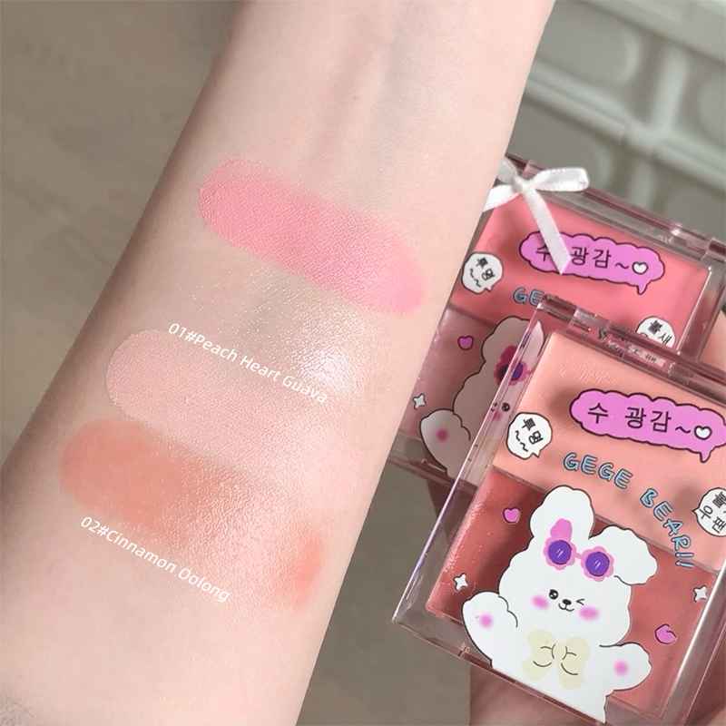 Blush swatches on a wrist with a GECE BEARU product packaging.
