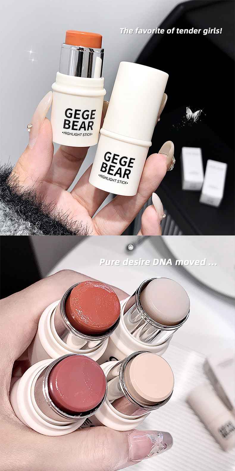 Two GEGE BEAR lip Blushes sticks held by a hand.